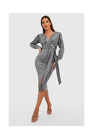 Boohoo Sequin Plunge Tie Waist Midi Dress