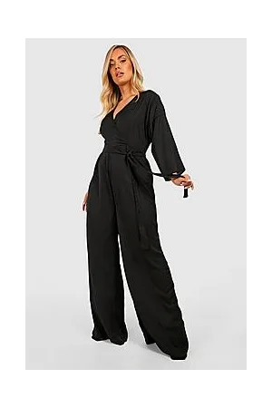 Boohoo Plus Leopard Jacquard Satin Tie Front Wide Leg Jumpsuit
