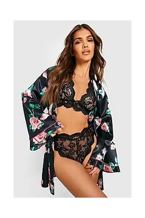 Boohoo Rose Floral Kimono Sleeve Satin Robe