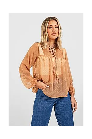 Boohoo Dobby Mesh Tie Neck Balloon Sleeve Blouse