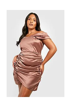 Boohoo Plus Satin Drape Off Shoulder Wrap Dress
