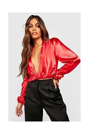 Boohoo Twist Front Crop Satin Shirt