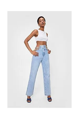 Boohoo Chain Detail High Waisted Straight Leg Jeans