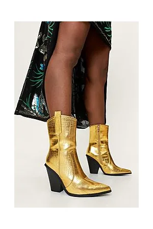 Boohoo Metallic Croc Embossed Ankle Cowboy Boots