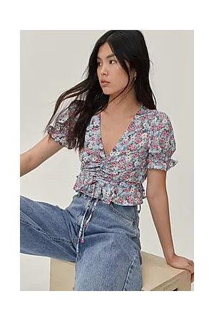 Boohoo Ruched Tie Floral Smock Crop Top