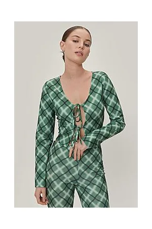 Boohoo Printed Check Ponte Tie Front Crop Top