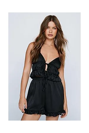 Boohoo Satin Tie Front Cami Ruffle Top And Short Pyjama Set