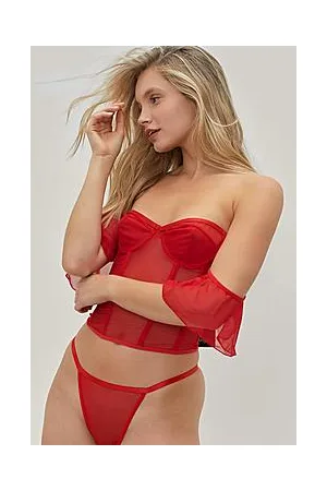 Boohoo Mesh Underwired Bardot Corset Lingerie Set