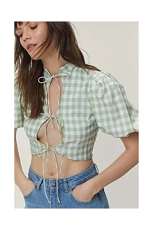 Boohoo Gingham Tie Front Collared Blouse