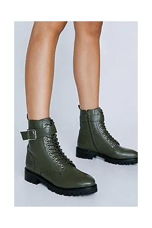 Boohoo Real Leather Lace Up Cleated Hiker Boots