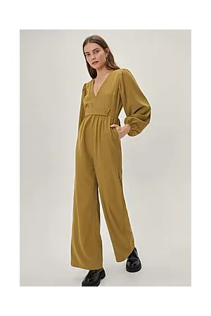 Boohoo Belted Detail Puff Sleeve Flared Jumpsuit