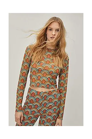 Boohoo Printed Cropped Crew Neck Mesh Top