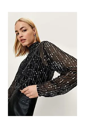 Boohoo Micro Star Beaded Cropped High Neck Blouse