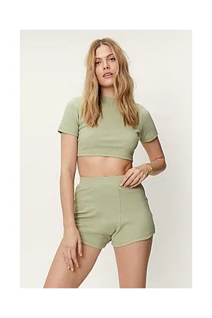 Boohoo Ribbed Crop Top And Boxer Shorts Pajama Set