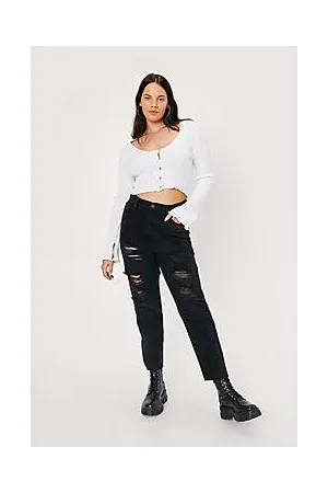 Boohoo Plus Size Organic Denim Raw Hem Mom Jean