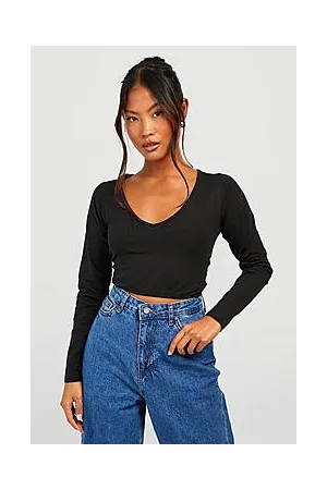 Boohoo Petite Basic V Neck Long Sleeve Crop Top