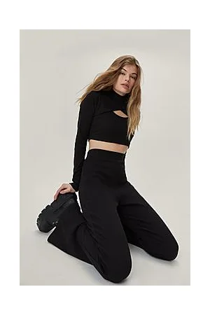 Boohoo Wrap Over High Neck Ribbed Crop And Flare Set