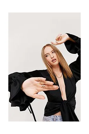 Boohoo Satin Tie Front Balloon Sleeve Shirt