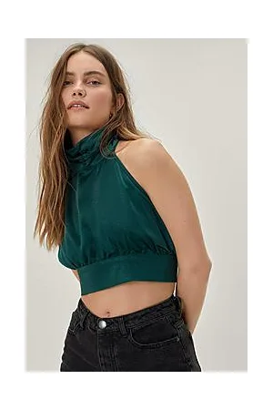 Boohoo Satin Ruched Halter Neck Crop Top
