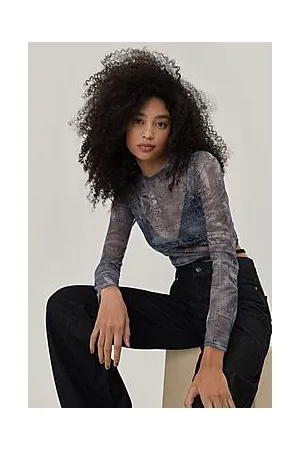 Boohoo Denim Print Mesh Crew Neck Top