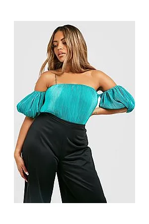 Boohoo Plus Puff Sleeve Satin Plisse Bodysuit