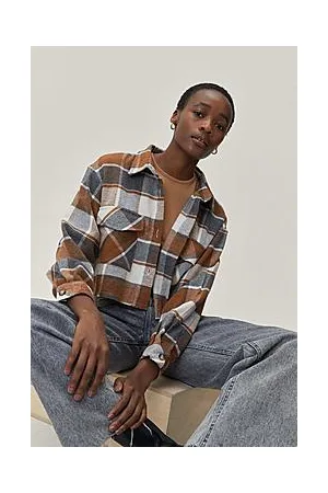 Boohoo Pocket Front Check Print Cropped Shirt