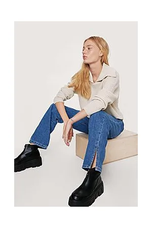 Boohoo Petite Organic Slit Hem Straight Leg Jeans