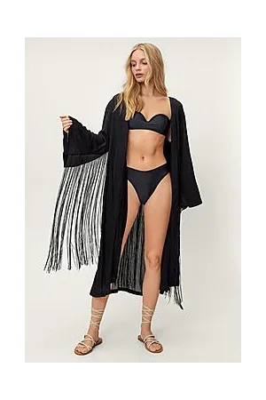Boohoo Crinkle Viscose Fringed Cover Up Kimono