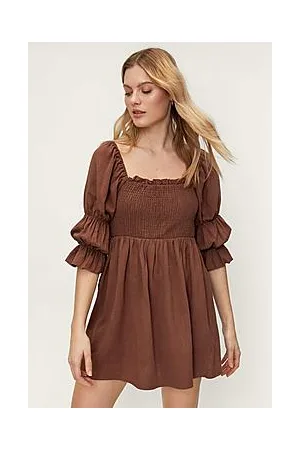 Boohoo Linen Smocked Puff Sleeve Mini Dress