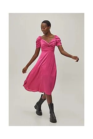 Boohoo Satin Twist Front Puff Sleeve Midi Dress