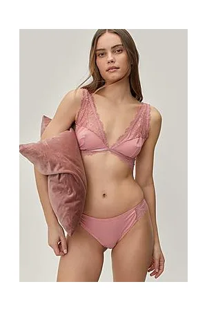 Boohoo Lace Trim Mesh Plunging Bralette And High Leg Panty Set