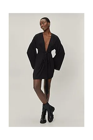 Boohoo Kimono Sleeve Plunge Tie Front Mini Dress