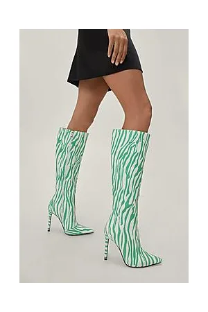 Boohoo Zebra Print Stiletto Knee High Boots