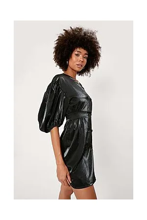 Boohoo Taffeta Double Breasted Puff Sleeve Dress