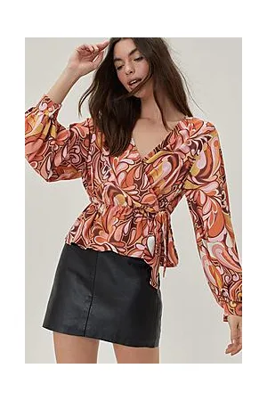 Boohoo Abstract Print Long Sleeve Wrap Top