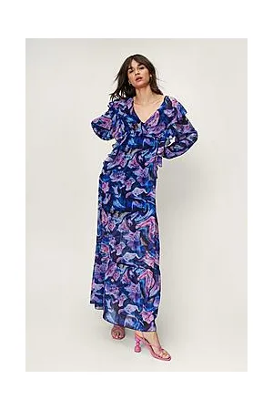 Boohoo Blurred Floral Print Ruffle Maxi Dress