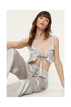 Boohoo Satin Tie Front Cami And Pants Pyjama Set