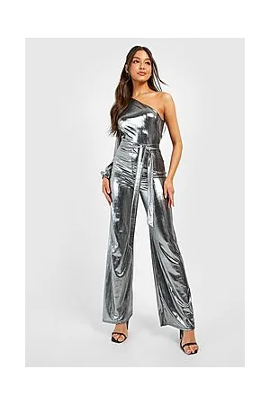 Boohoo Textured Foil One Shoulder Wide Leg Jumpsuit