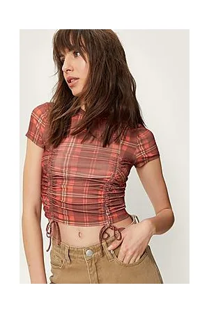 Boohoo Check Ruched Front Mesh Crop Top