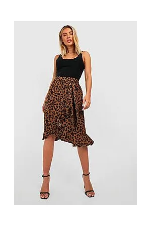 Boohoo Leopard Tie Waist Wrap Midi Skirt