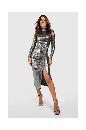 Boohoo Textured Foil Shoulder Pad Midaxi Wrap Dress