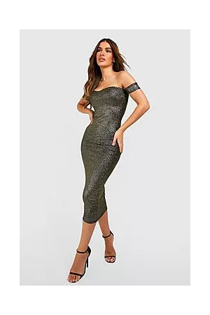 Boohoo Shimmer Glitter Off The Shoulder Midaxi Dress