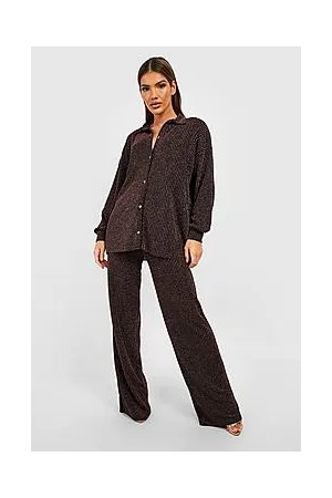 Boohoo Metallic Plisse Wide Leg Trousers