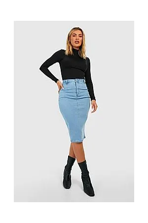 Boohoo High Waisted Stretch Denim Midi Skirt