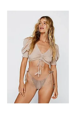 Boohoo Crinkle Shirred Tassel Ruched Cover Up Top