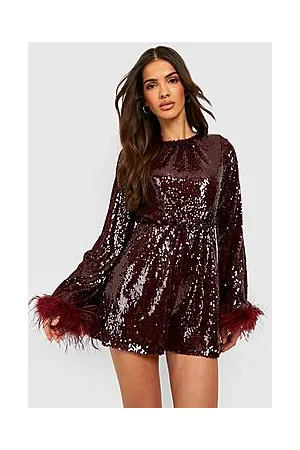 Boohoo Sequin Feather Trim Playsuit