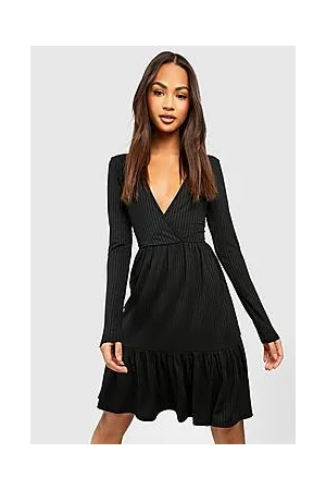 Boohoo Rib Wrap Drop Hem Smock Dress