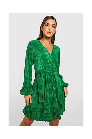 Boohoo Plisse Belted Wrap Over Dress
