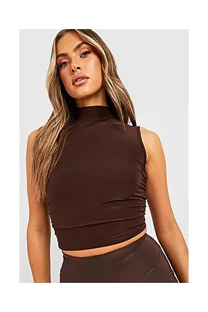 Boohoo High Neck Slinky Ruched Side Crop Top