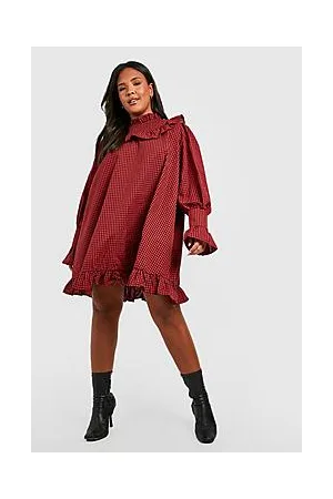 Boohoo Plus Check Ruffle Hem High Neck Smock Dress